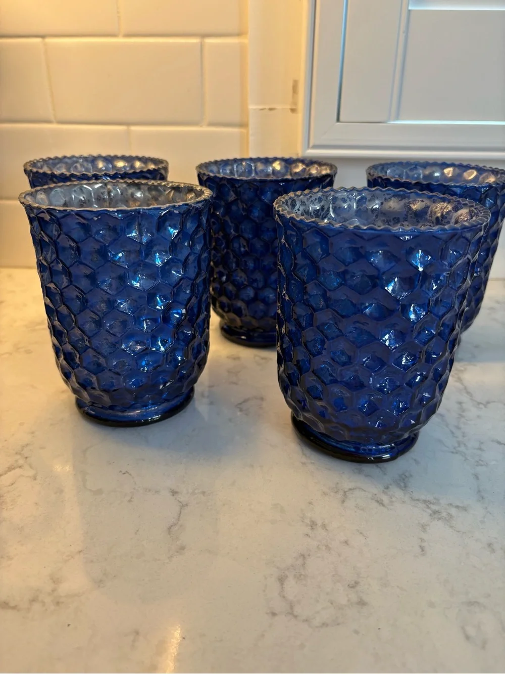 Set of 5 Blue Glass Textured votive - for flameless candles only